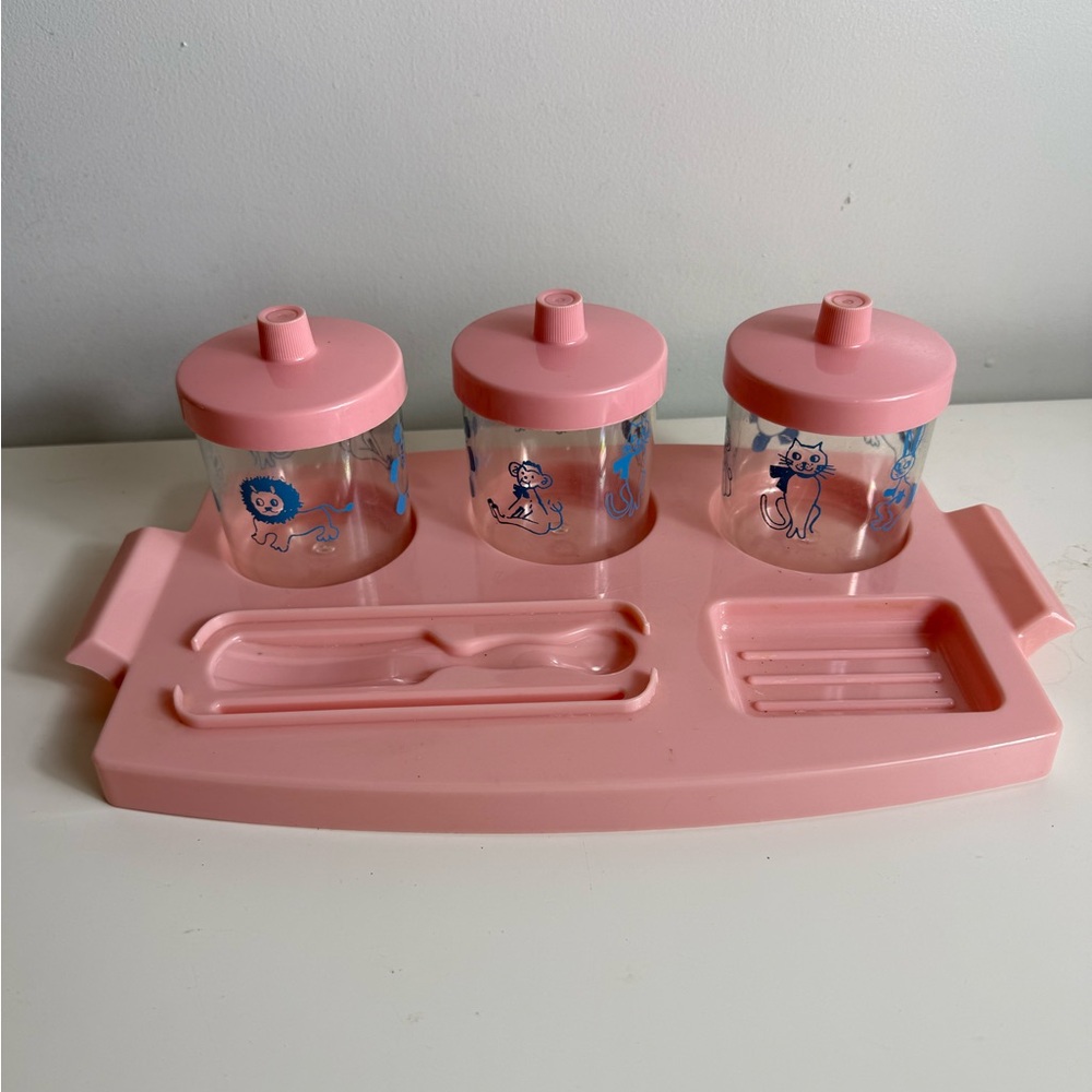 Vtg Columbia Vanity Baby Set Containers Tray Pink Animal Print‎ Nursery Decor